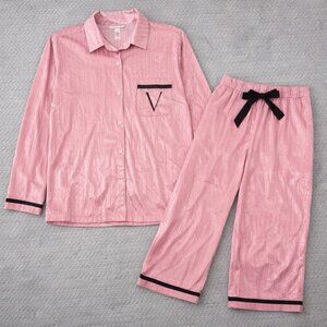 Victoria’s Secret VS Women’s Pink Striped Luxe Satin Pjs Pajama Set Large